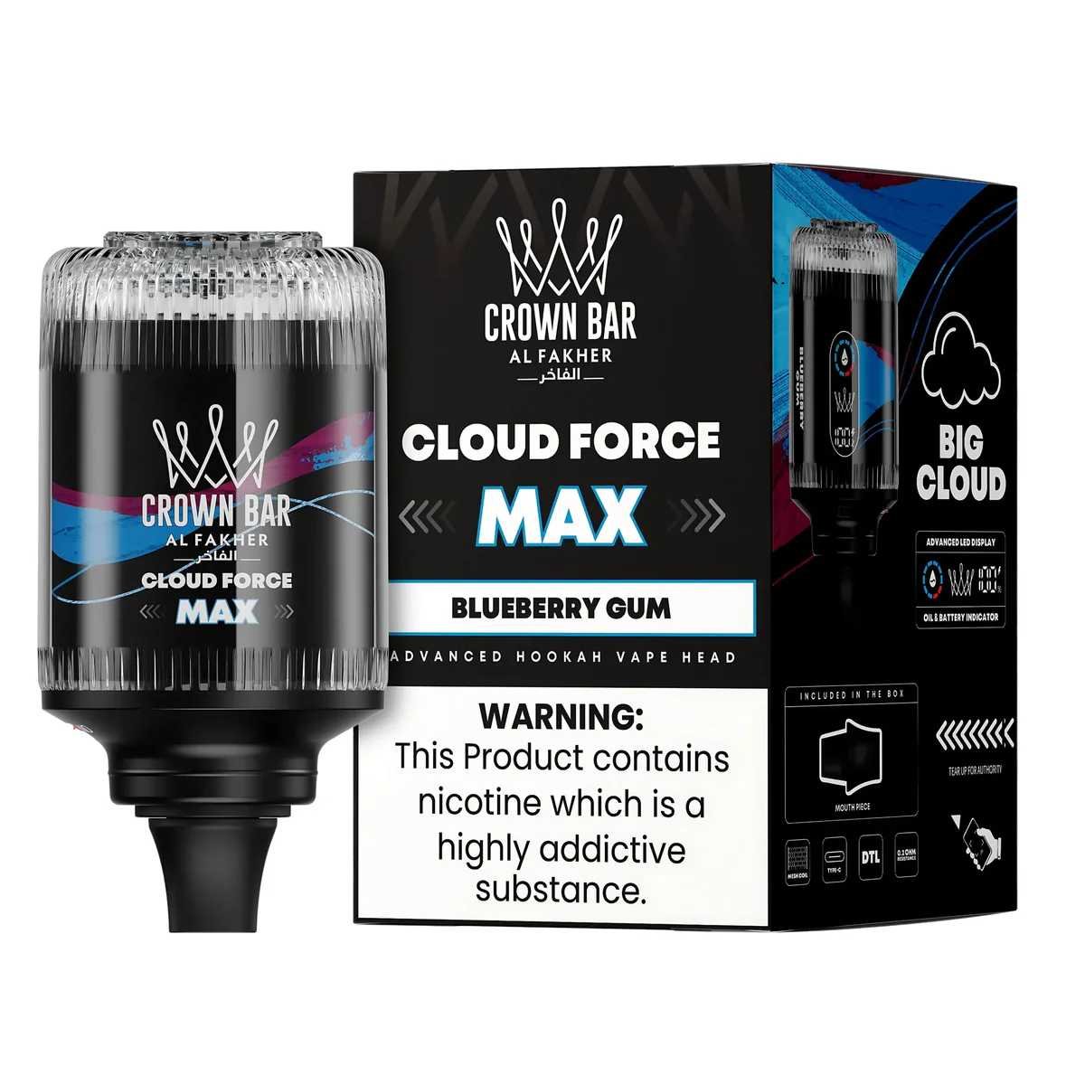 AL Fakher Crown Bar large vapor clouds, DTL vaping, massive vape production, cloud chaser - Al Fakher Crown Bar Cloud Force Max 50K E-Hookah Head