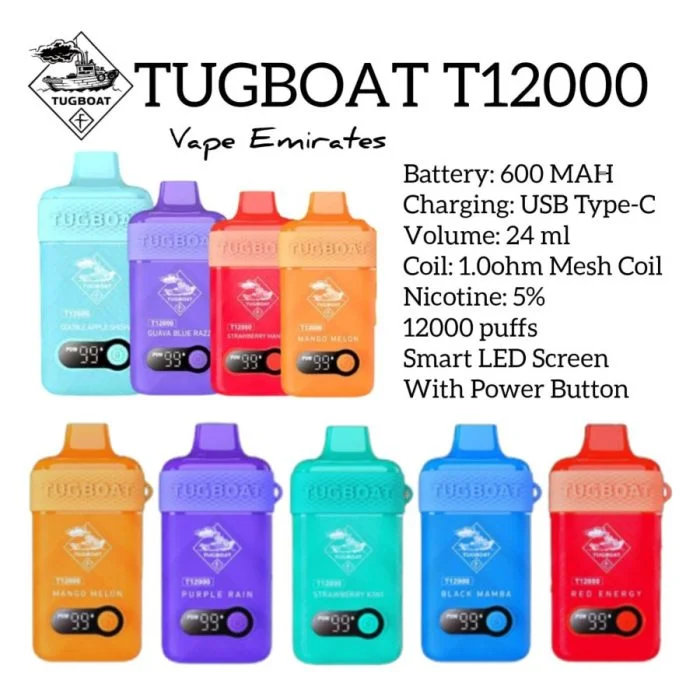 Tugboat T12000 smart screen display, vape battery level indicator, e-liquid quantity display, vape for outdoor adventure UAE - Tugboat T12000 Disposable Vape, vapoae.com