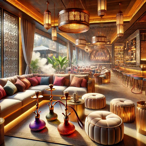 UAE vaping lifestyle, electronic shisha in Dubai cafe, young people enjoying vape in luxury setting, modern shisha lounge UAE - Shisha Lounges Dubai: a Complete Guide to the Best Lounges