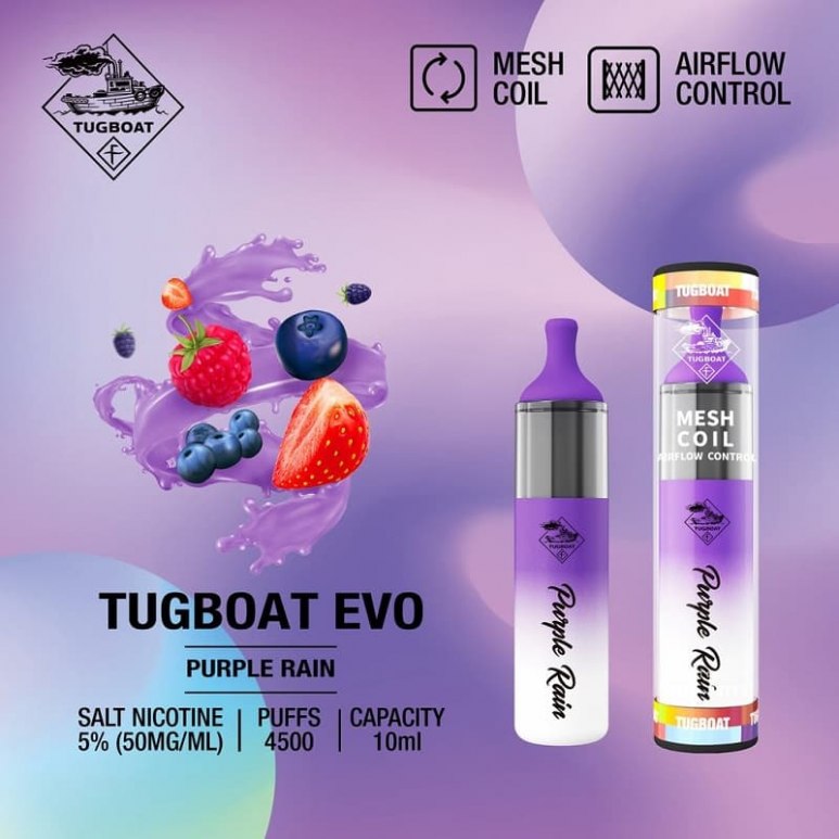 Tugboat Purple Rain flavor, mixed berry grape vape, popular fruit e-liquid UAE, vibrant purple vape juice - Buy Online Tugboat EVO Vape - Purple Rain - 50mg/ml 4500 Puffs ...