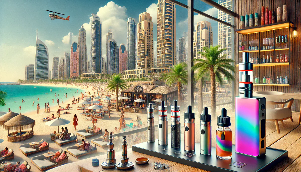 Person vaping on JBR Dubai beach, hot summer day UAE, refreshing vape experience - Your Ultimate Guide to Vapes and Shisha in Jbr Dubai – Discover ...
